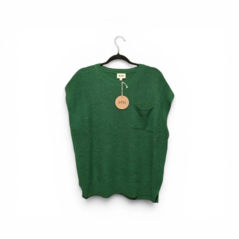 BIB! Women Green Knit Sweater Vest Crew Neck Chest Pocket IT1000-02 Medium NEW